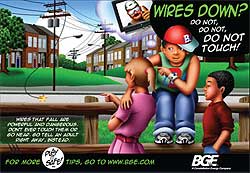A “do not touch” poster for Baltimore Gas and Electric Company, targeted to pre-teens for use in schools, encouraging them not to go near electrical wires.